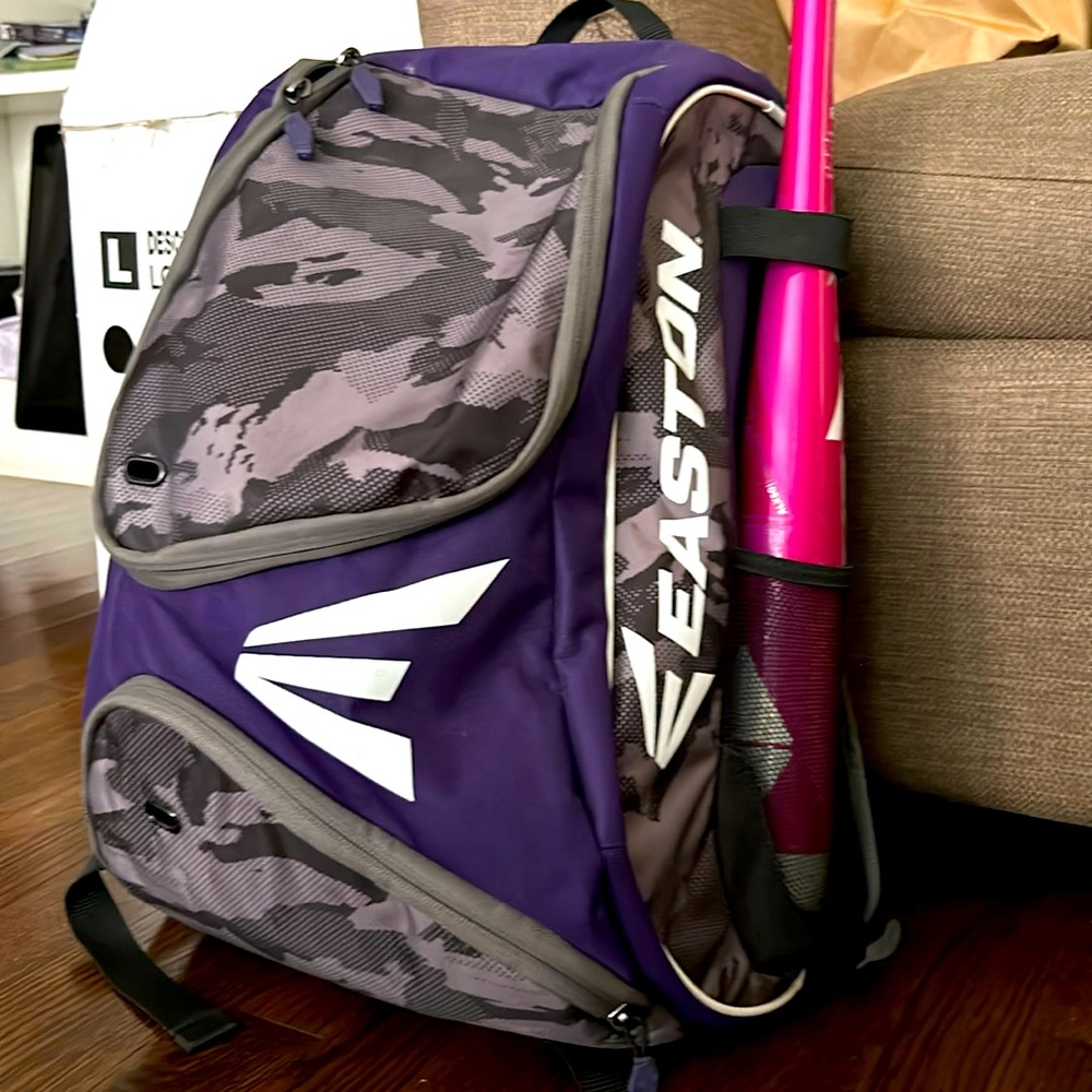 Easton softball bag, helmet, face guard, bat, gloves